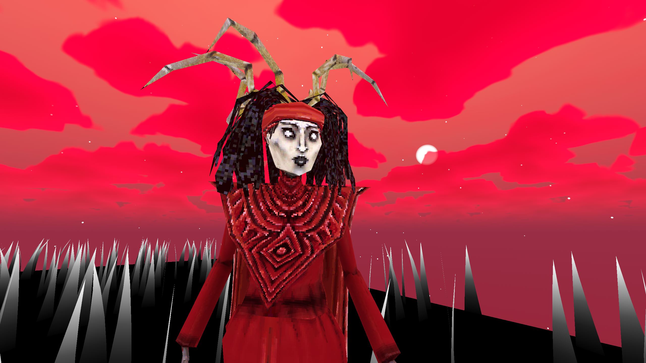 Scary Moonchild standing in pale grass under a red sky.
